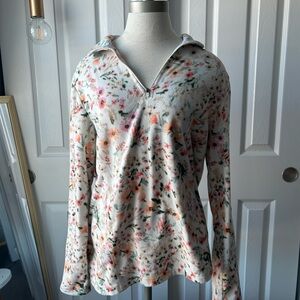 Lands' End Floral Fleece Sweatshirt - Cream and Pink